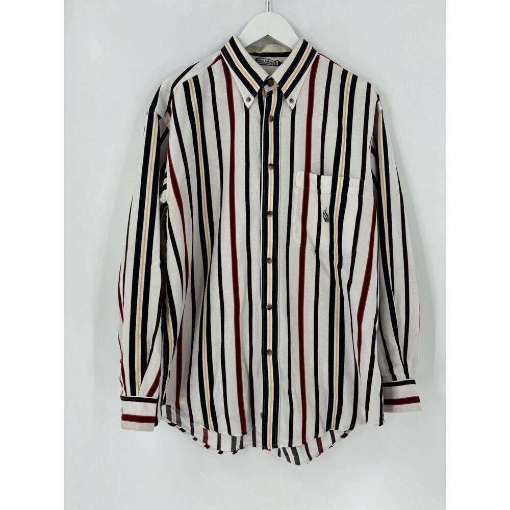 Nautica Vintage Button Down Shirt Mens Large White Red Blue Striped Long Sleeves